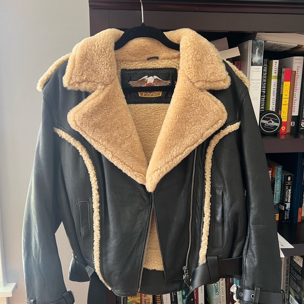 Harley-Davidson Black and Cream Leather Jacket with Shearling Trim